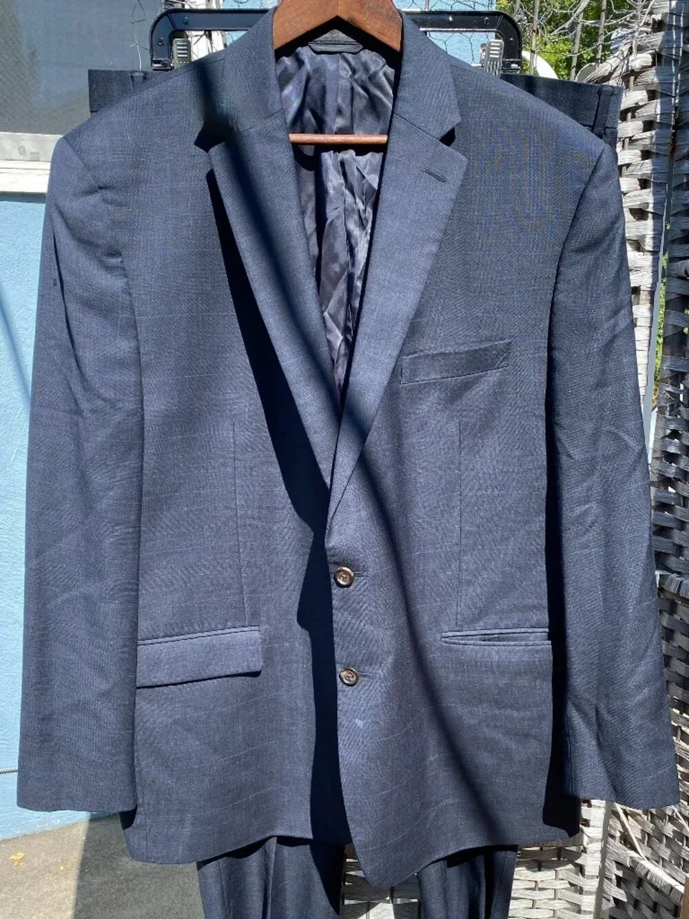 Lauren Ralph Lauren (2) Two Piece Men's Suit Navy Blue Plaid  100% Wool 48R